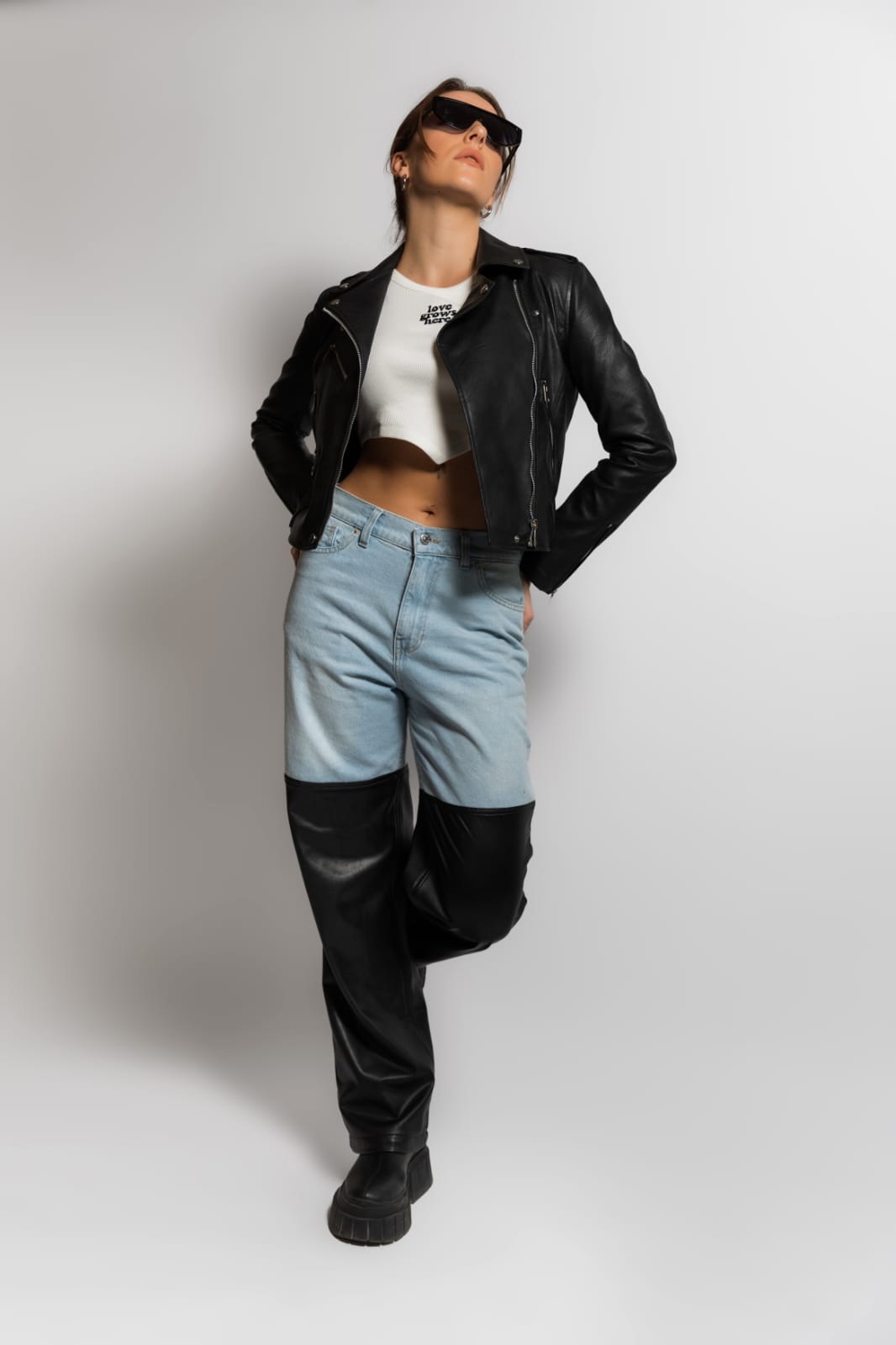 HALF DENIM HALF LEATHER STRAIGHT LEG PANTS