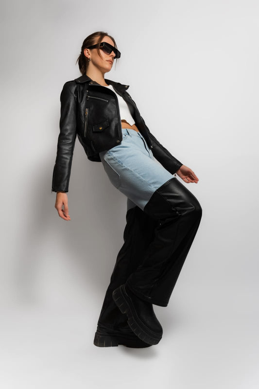 HALF DENIM HALF LEATHER STRAIGHT LEG PANTS