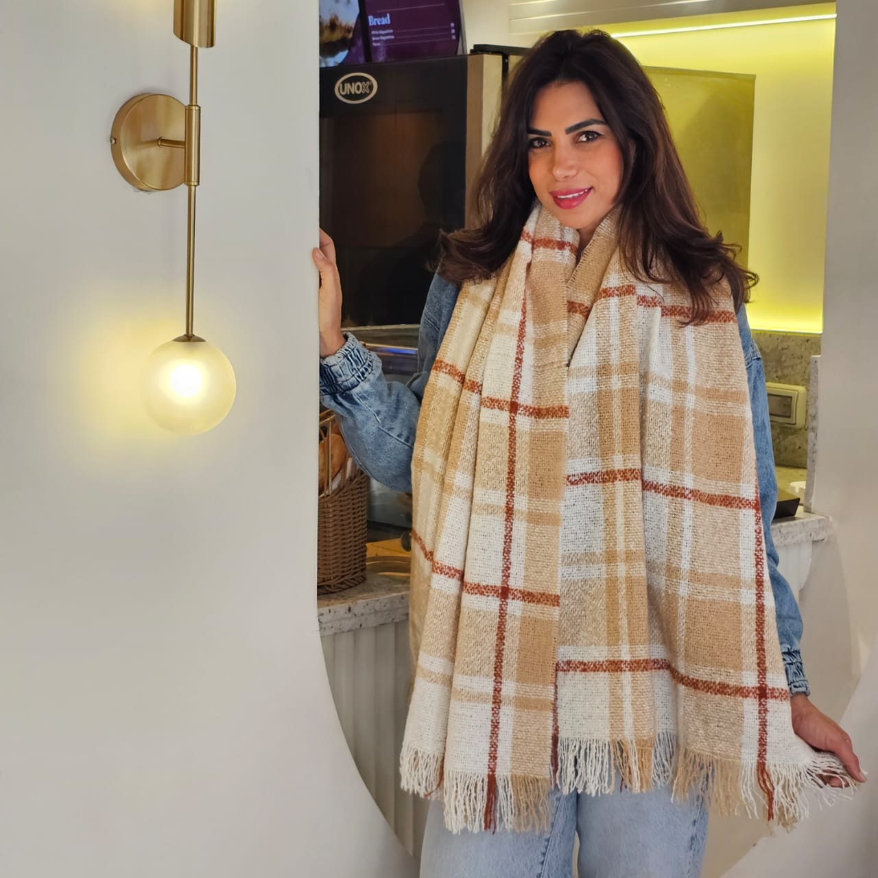 BEIGE PLAID WOOL SCARF