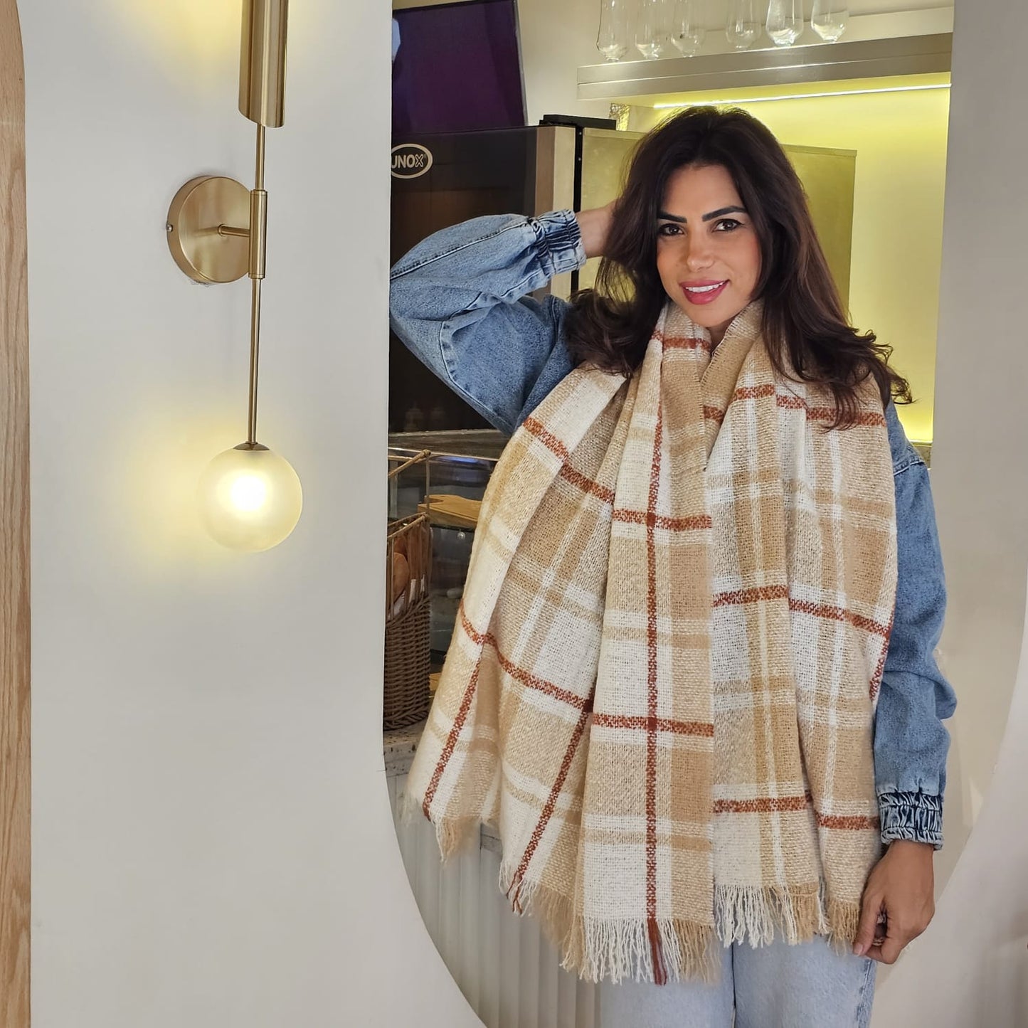 BEIGE PLAID WOOL SCARF