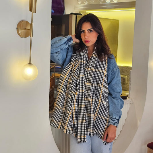 BLACK WHITE YELLOW PLAID SCARF