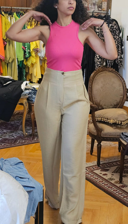 HIGH WAIST BEIGE LENIN PANTS