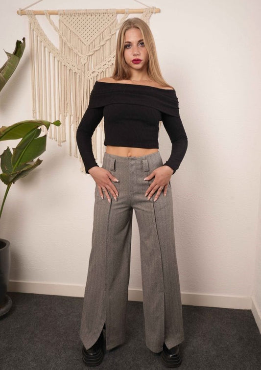 WOOL GREY PANTS WITH FRONT SPLIT