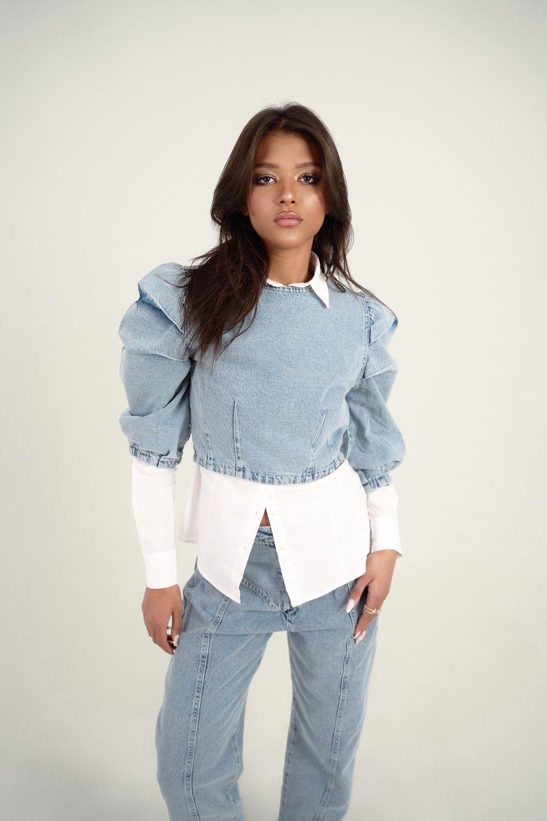 PUFFED SLEEVE DENIM CROP TOP