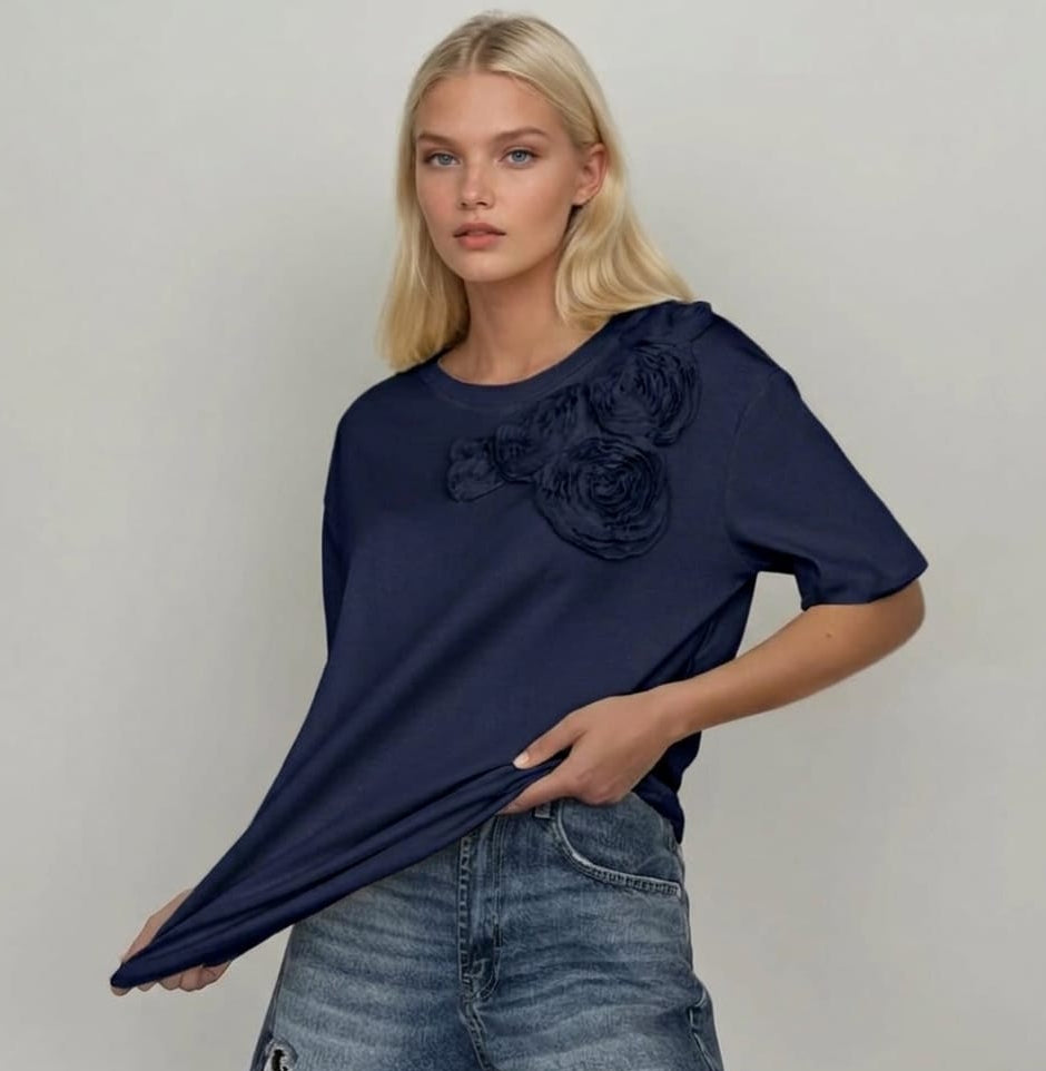 NAVY BLUE 3D FLORAL APPLIQUE T-SHIRT (Made in Turkey 🇹🇷)