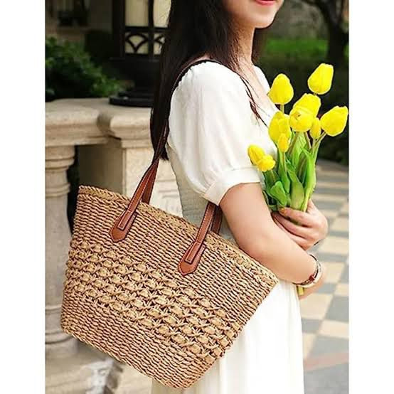 VINTAGE STRAW BEACH TOTE BAG