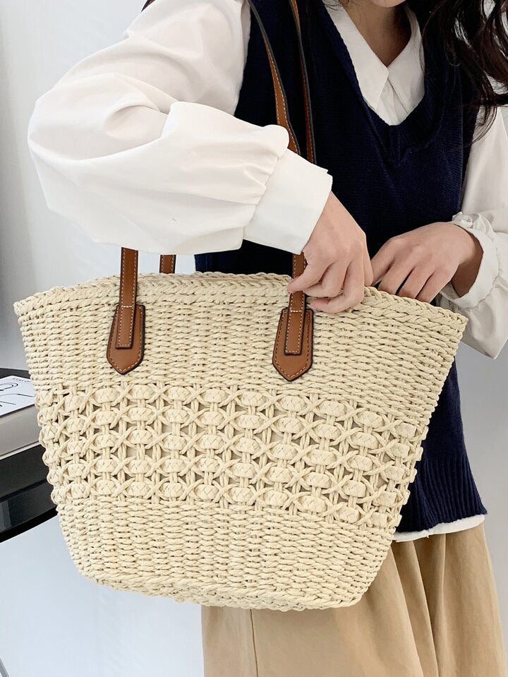 VINTAGE STRAW BEACH TOTE BAG