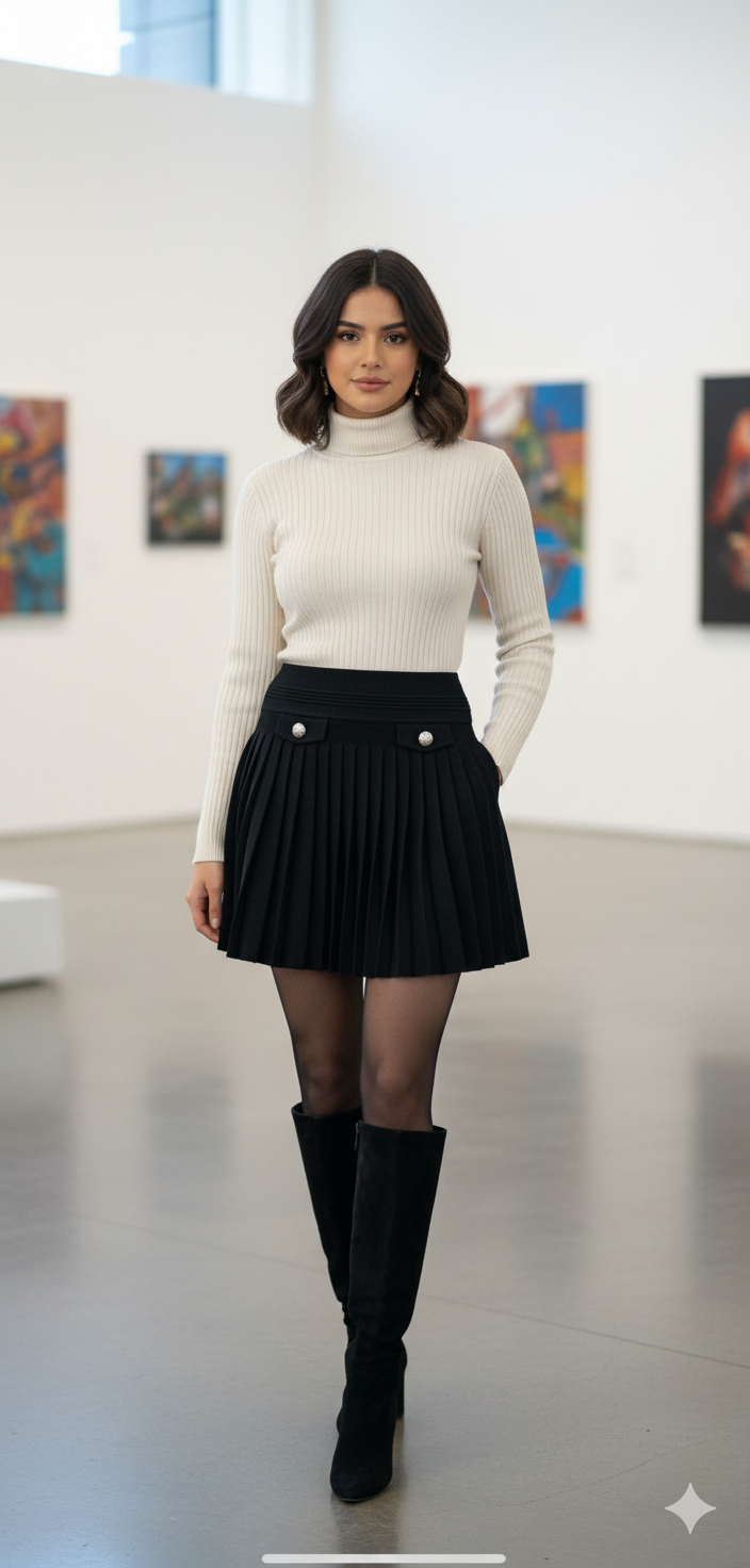 BLACK MINI PLEATED WOOL SKIRT