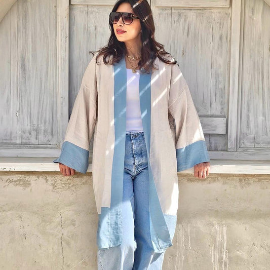 BLUE * BIEGE LENIN KIMONO WITH BACK STRIP