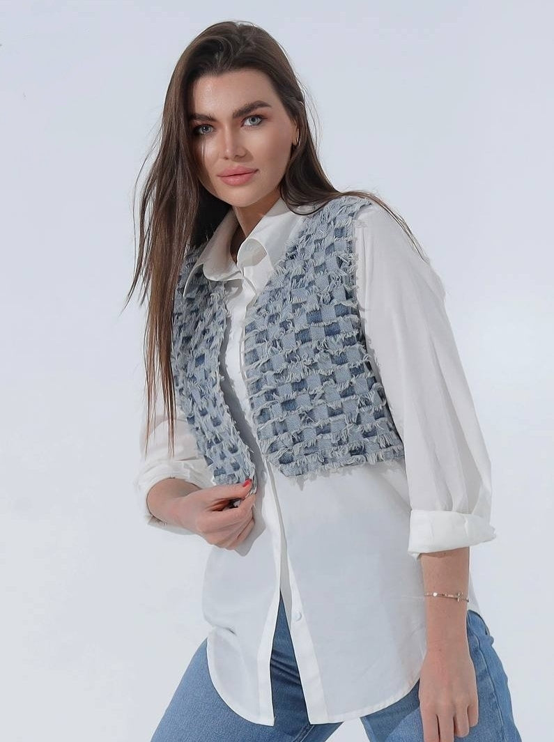 WOVEN DENIM VEST ATTCHED WHITE SHIRT