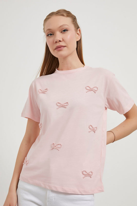 PLUSH PINK PEARL BOW T-SHIRT (Made in Turkey 🇹🇷)