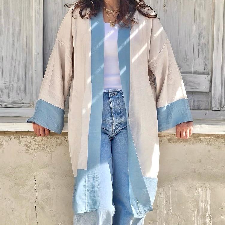 BLUE * BIEGE LENIN KIMONO WITH BACK STRIP