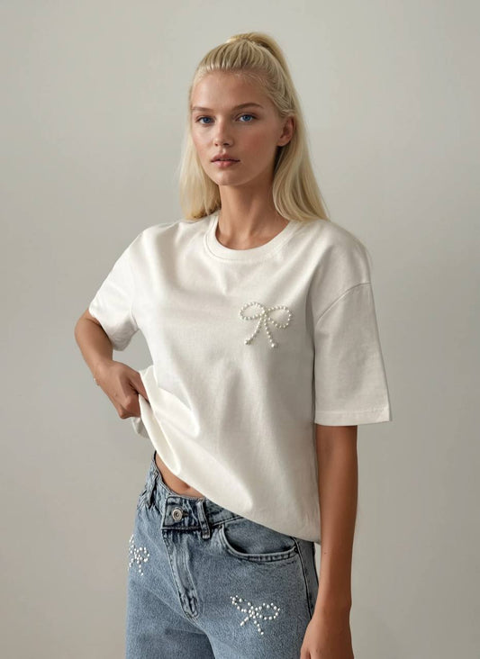 WHITE PEARL BOW T-SHIRT (Made in Turkey 🇹🇷)
