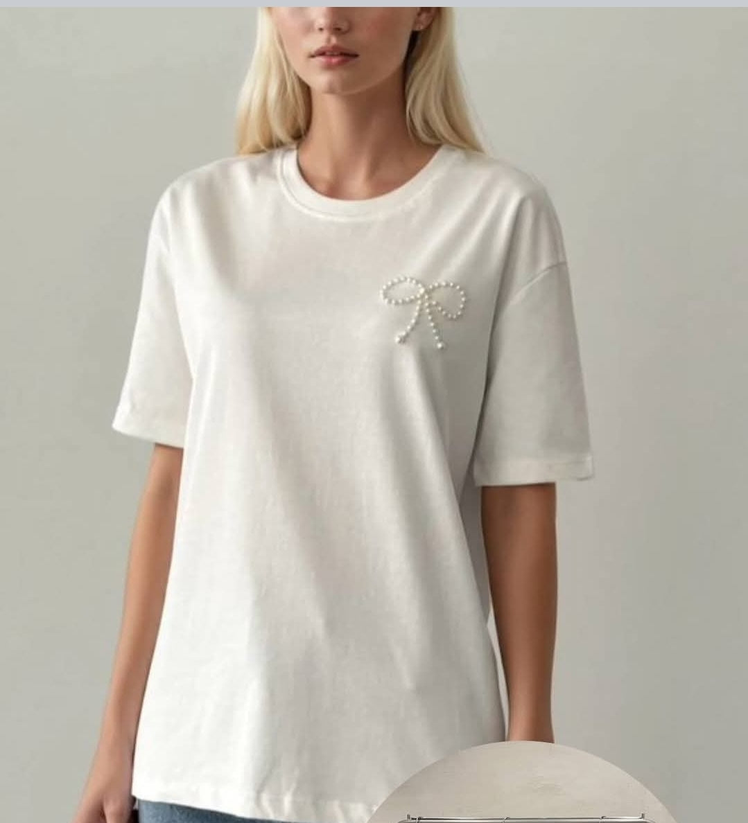 WHITE PEARL BOW T-SHIRT (Made in Turkey 🇹🇷)