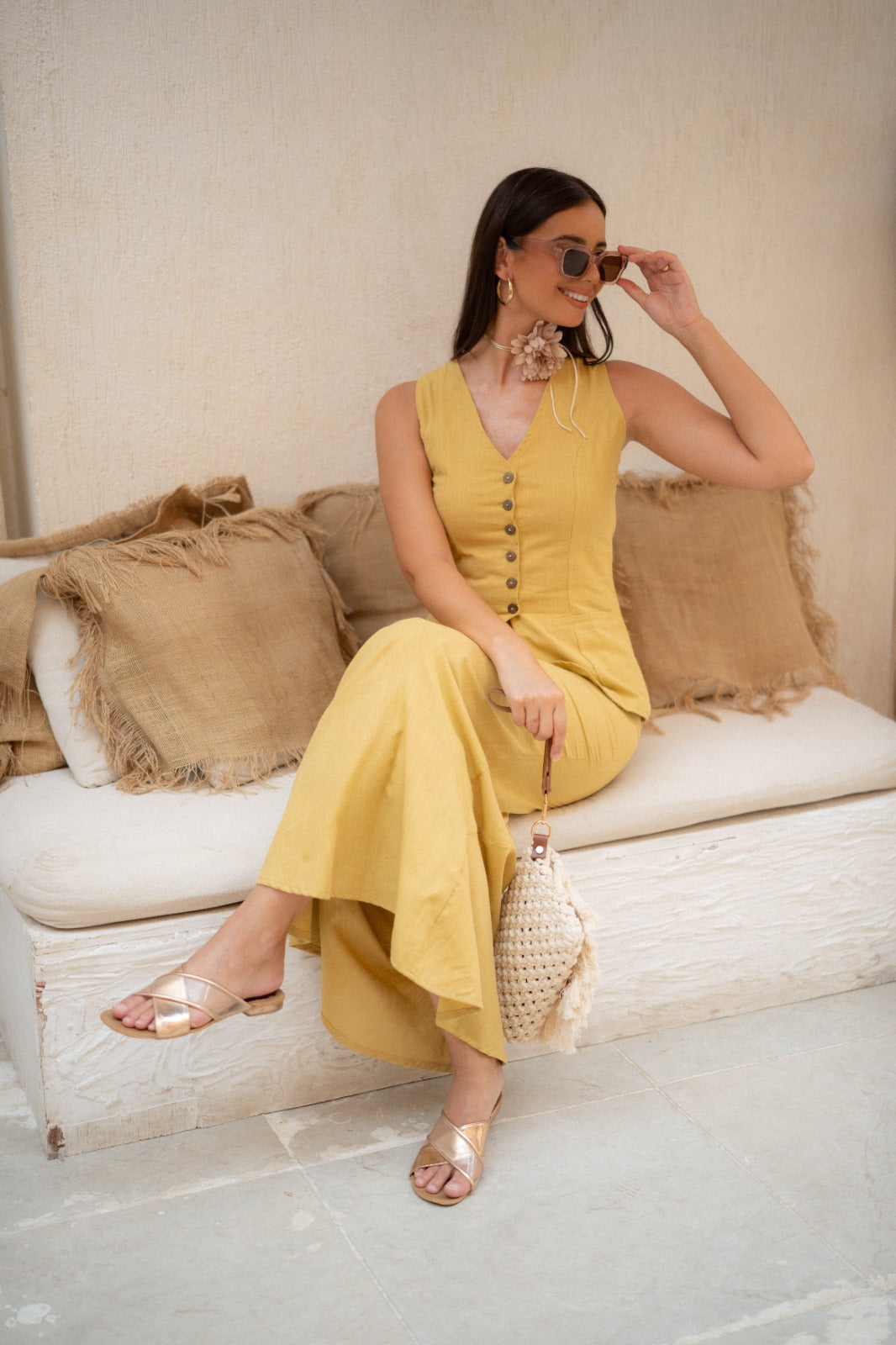 SUNBEAM SLEEVLESS PEPLUM SET-MUSTARD
