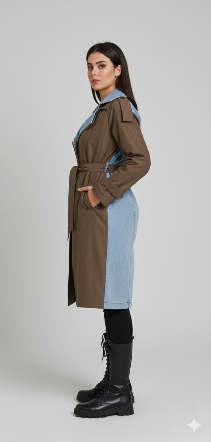 DENIM-TRIMMED TRENCH COAT