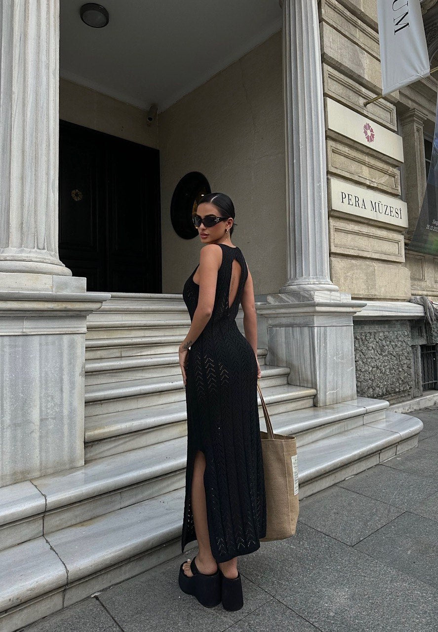 BLACK CROCHET MAXI KNITTED DRESS (Made in Turkey 🇹🇷)