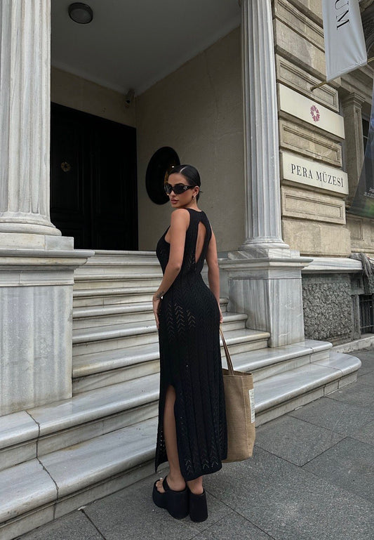 BLACK CROCHET MAXI KNITTED DRESS (Made in Turkey 🇹🇷)