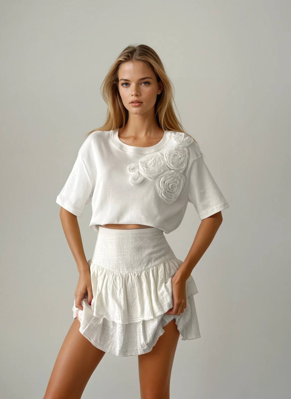 WHITE 3D FLORAL APPLIQUE T-SHIRT (Made in Turkey 🇹🇷)