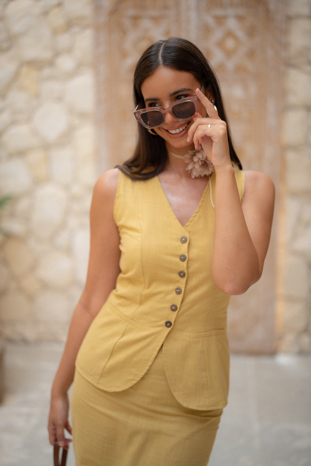 SUNBEAM SLEEVLESS PEPLUM SET-MUSTARD