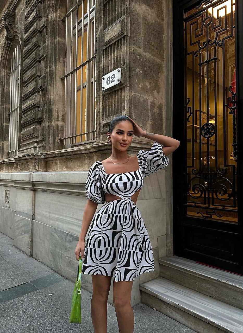 MONOCHROME CUT OUT PUFF SLEEVE DRESS (Made in Turkey 🇹🇷)