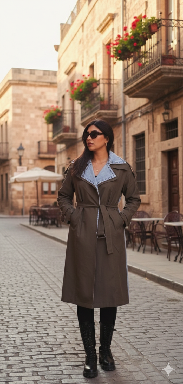 DENIM-TRIMMED TRENCH COAT