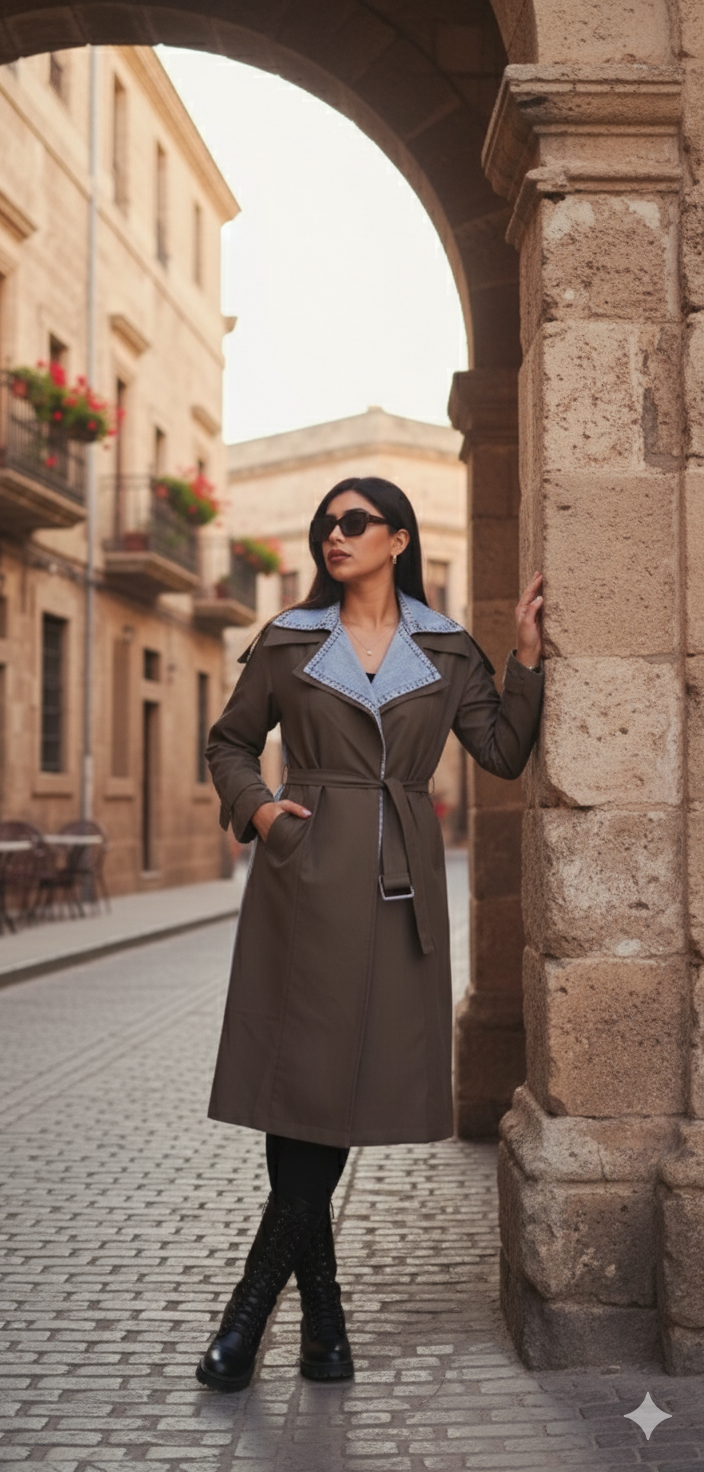 DENIM-TRIMMED TRENCH COAT