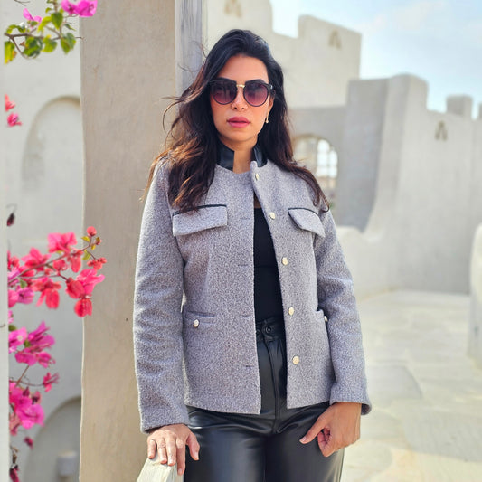 WOOL GREY JACKET WITH BLACK LEATHER EDGES