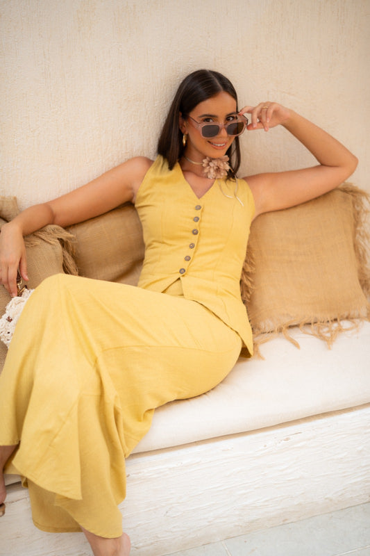 SUNBEAM SLEEVLESS PEPLUM SET-MUSTARD