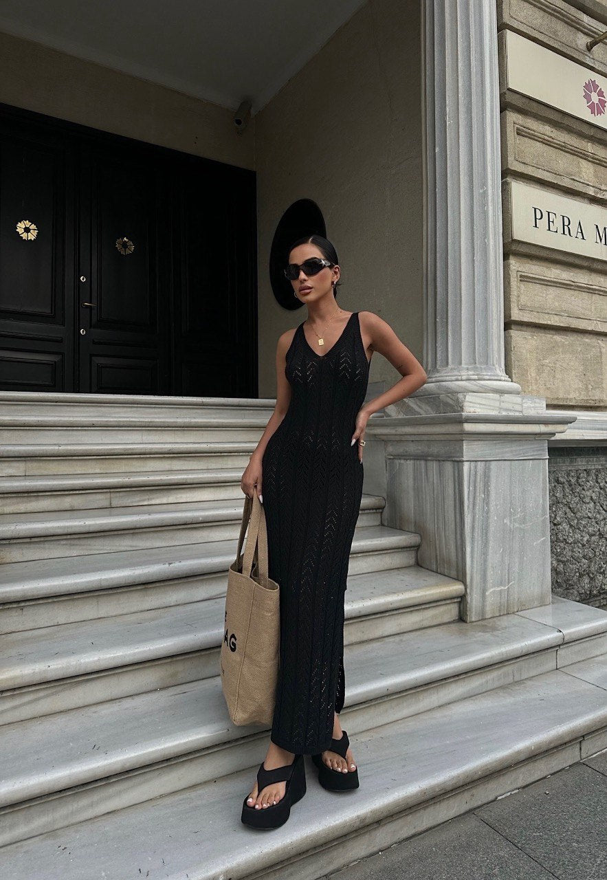 BLACK CROCHET MAXI KNITTED DRESS (Made in Turkey 🇹🇷)