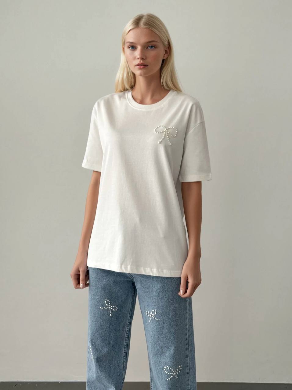 WHITE PEARL BOW T-SHIRT (Made in Turkey 🇹🇷)