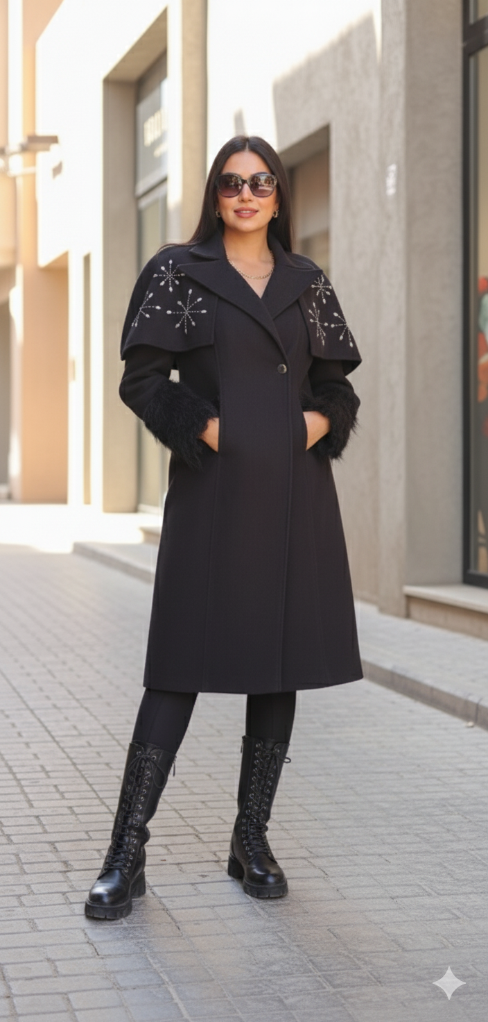 WOOL REMOVABLE STRASS SHOULDERS COAT