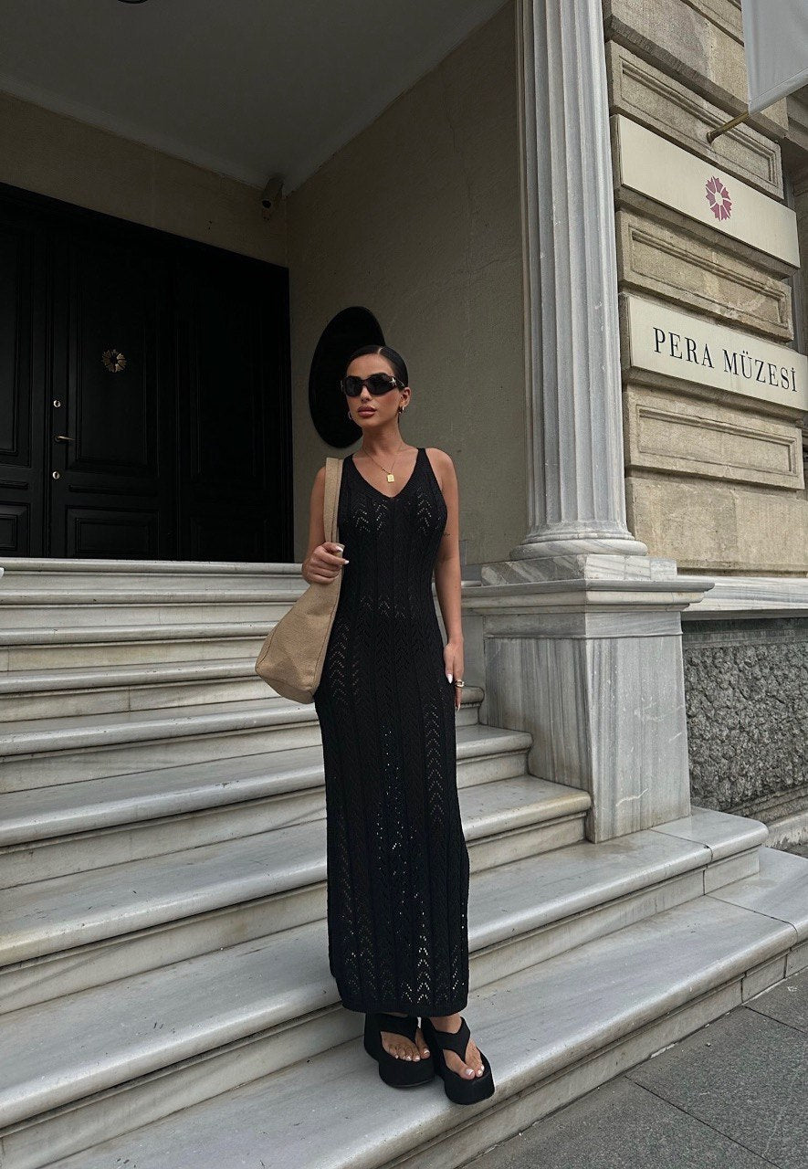 BLACK CROCHET MAXI KNITTED DRESS (Made in Turkey 🇹🇷)