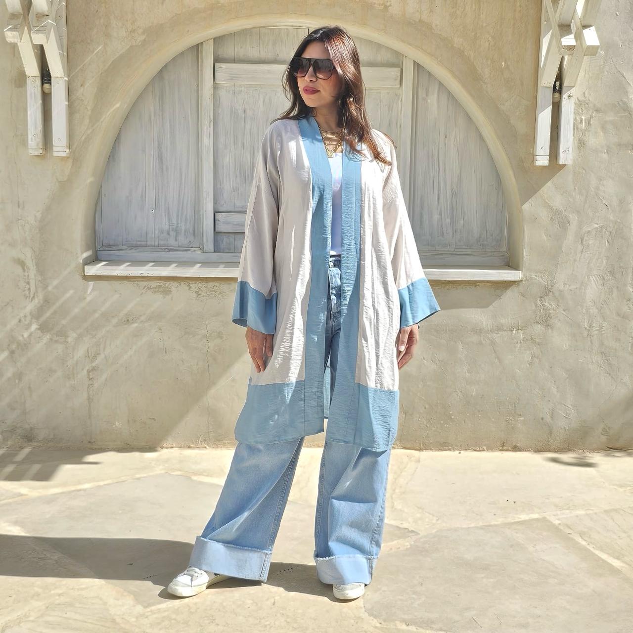 BLUE * BIEGE LENIN KIMONO WITH BACK STRIP