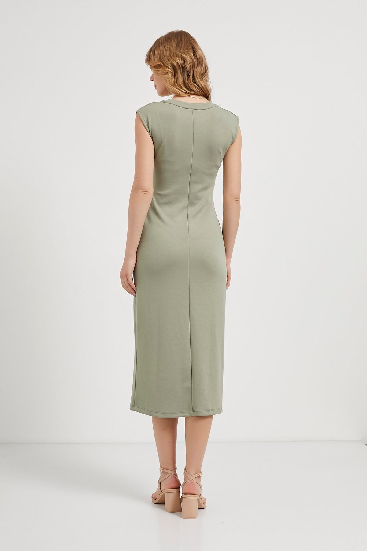 SAGE GREEN MIDI DRESS WITH FRONT TIE (Made in Turkey 🇹🇷)