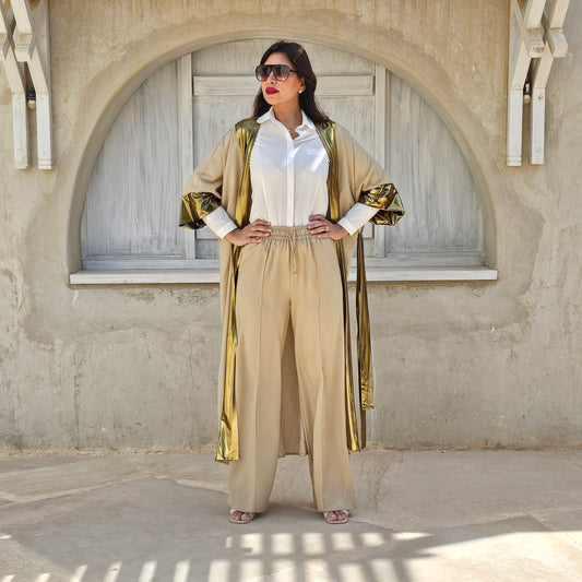 BEIGE LENIN WIDE LEG PANTS