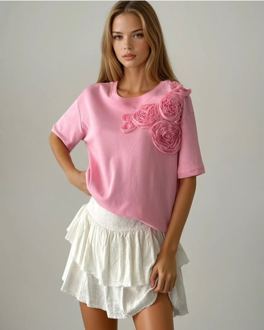 PINK 3D FLORAL APPLIQUE T-SHIRT (Made in Turkey 🇹🇷)