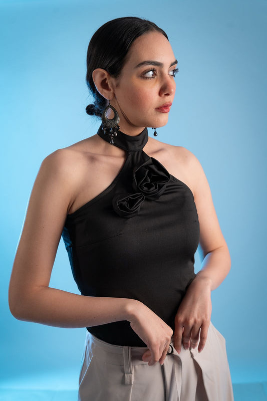 BLACK FLOWER BODY SUIT TOP