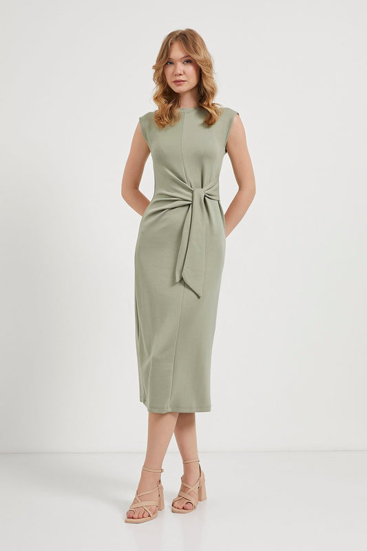 SAGE GREEN MIDI DRESS WITH FRONT TIE (Made in Turkey 🇹🇷)