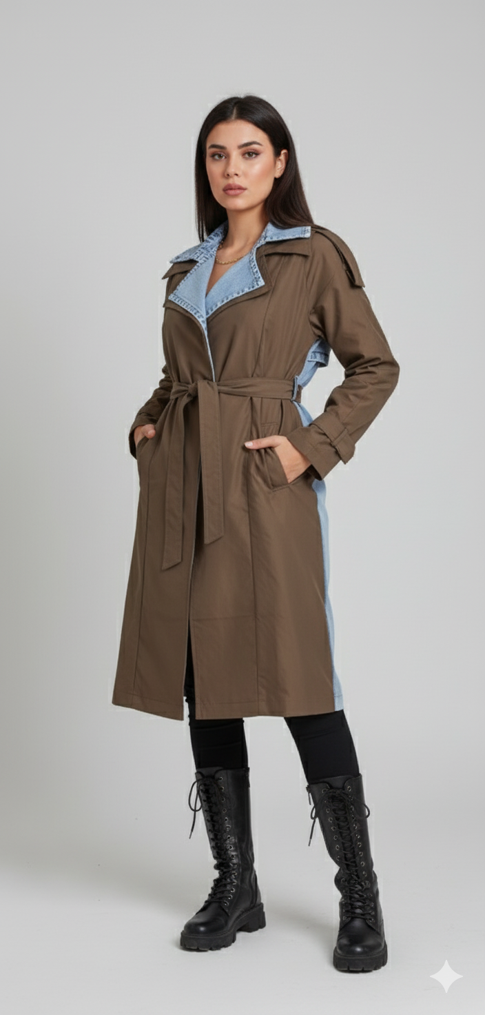 DENIM-TRIMMED TRENCH COAT