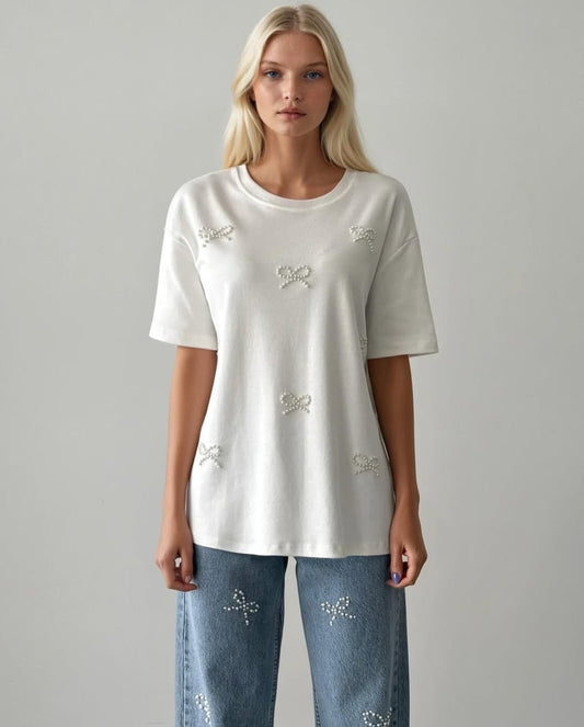 WHITE PEARL BOW EMBELLISHED T-SHIRT (Made in Turkey 🇹🇷)