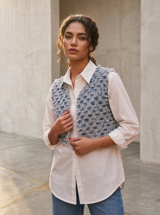 WOVEN DENIM VEST ATTCHED WHITE SHIRT