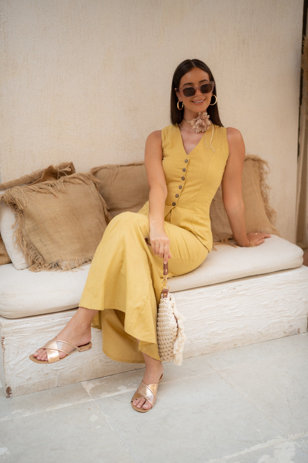 SUNBEAM SLEEVLESS PEPLUM SET-MUSTARD