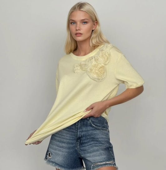 PASTEL YELLOW 3D FLORAL APPLIQUE T-SHIRT (Made in Turkey 🇹🇷)
