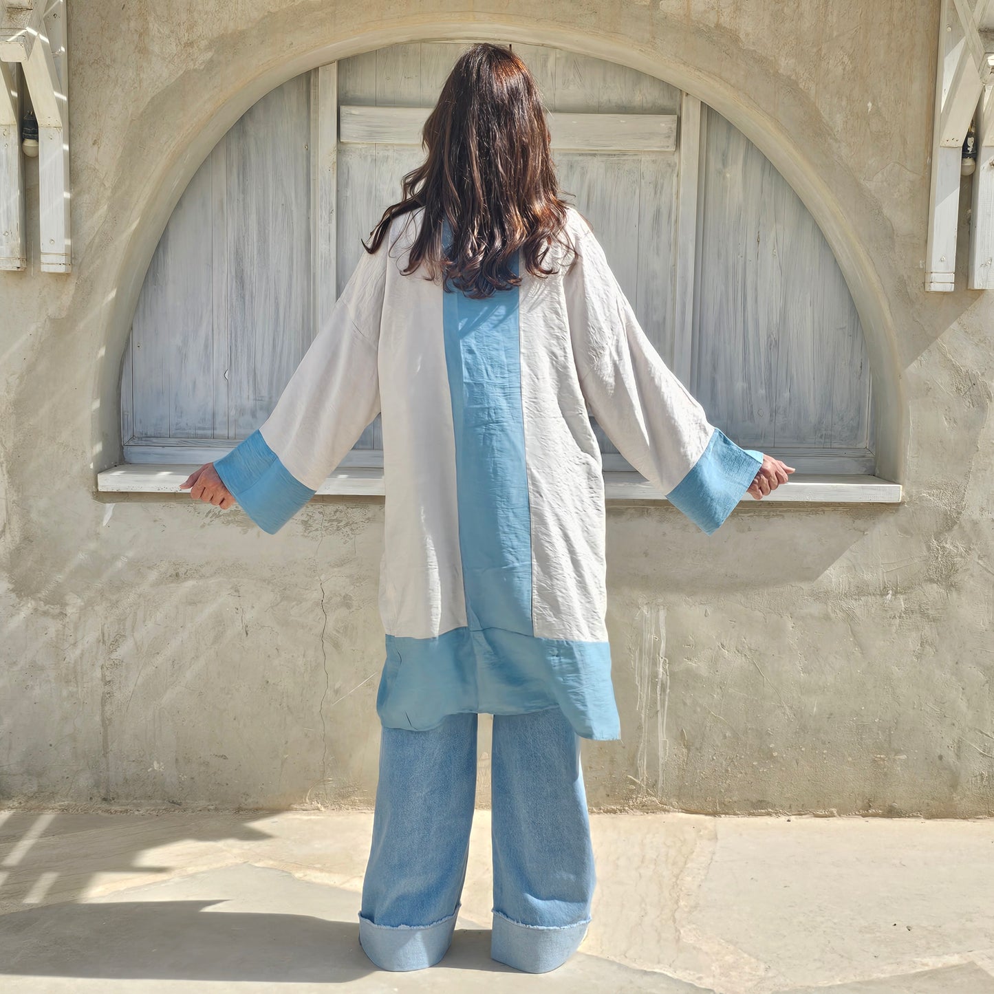 BLUE * BIEGE LENIN KIMONO WITH BACK STRIP