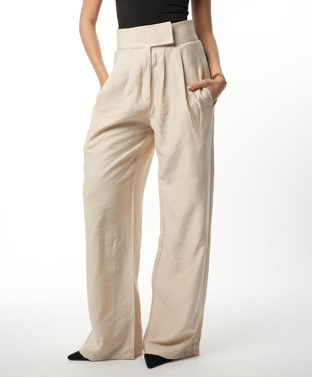 WIDE LEG LINEN BEIGE PANTS