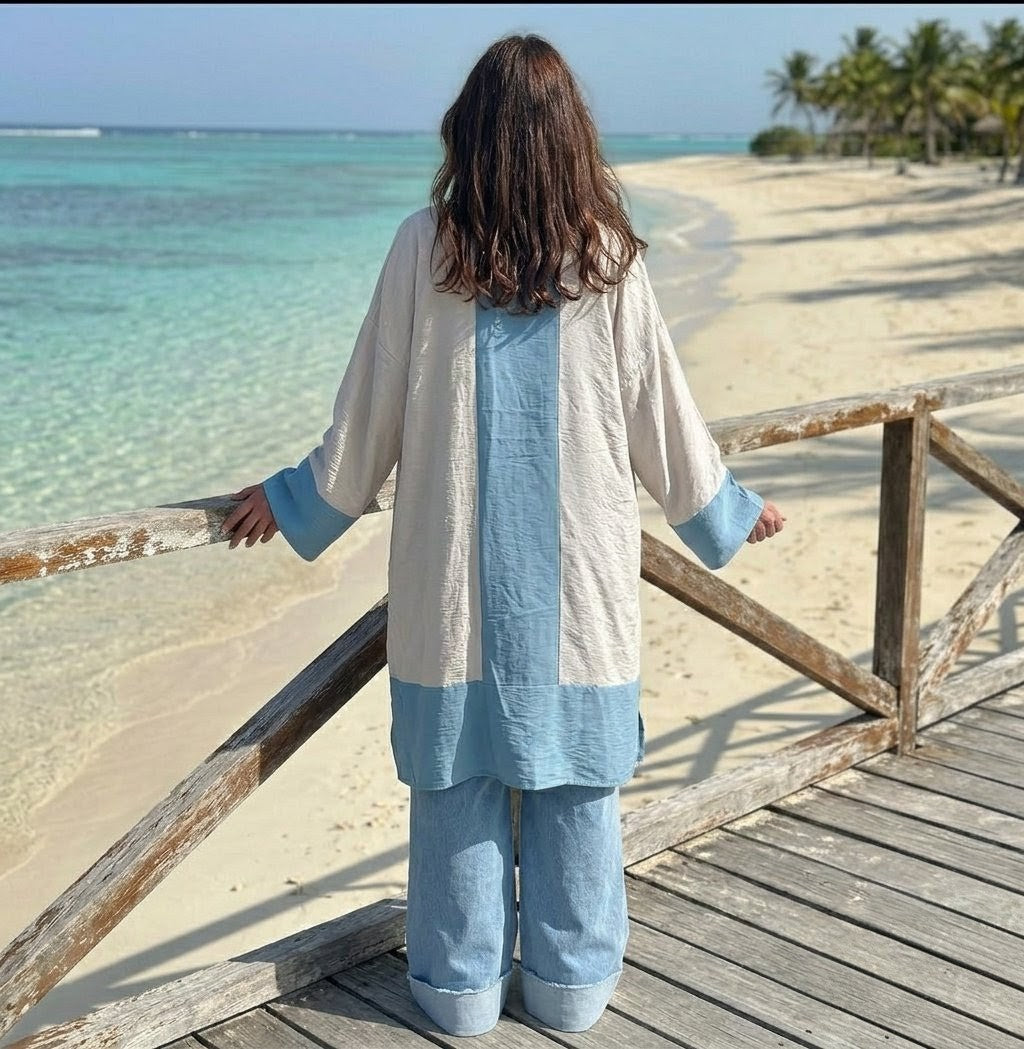 BLUE * BIEGE LENIN KIMONO WITH BACK STRIP