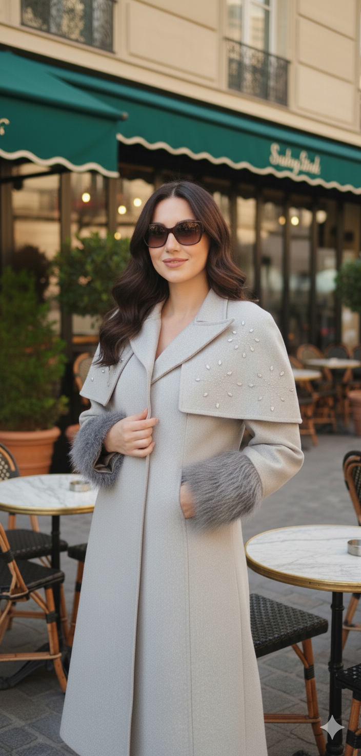 WOOL REMOVABLE STRASS SHOULDERS COAT